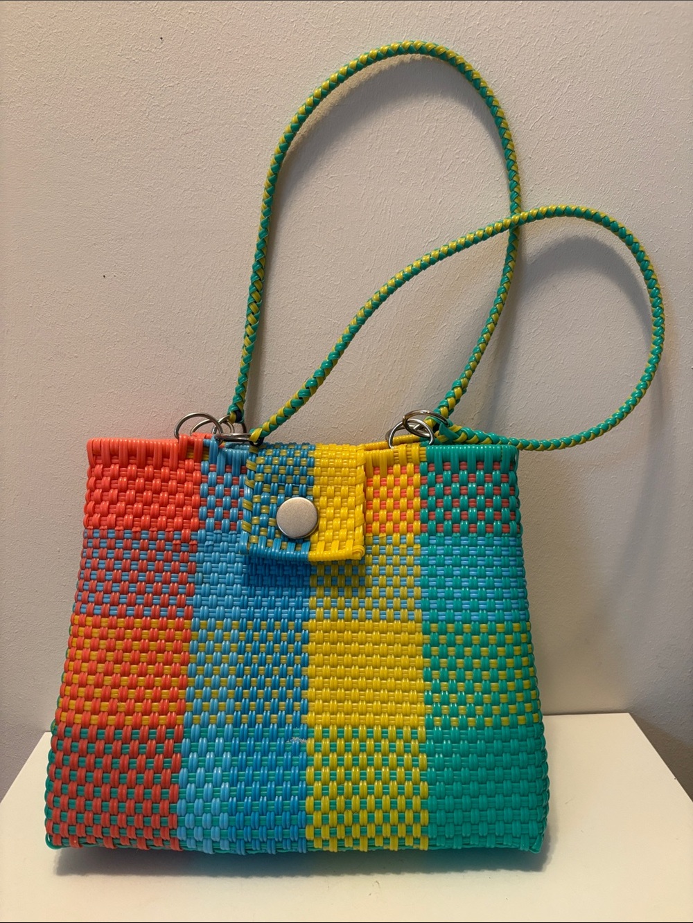 Colorblock Woven plastic vinyl Shoulder Bag in Teal, Yellow and Blue 10x12